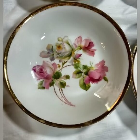 Antique German Berry Bowls - Set of 6, Pink & White Roses with Gold Trim - Picture 2 of 5